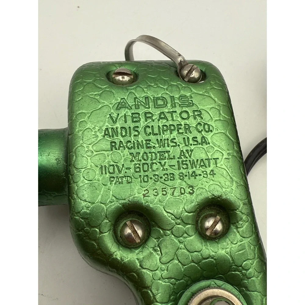 Vintage Andis Vibrator Model AV Handheld Massager Green Hammered Finish 1930 USA